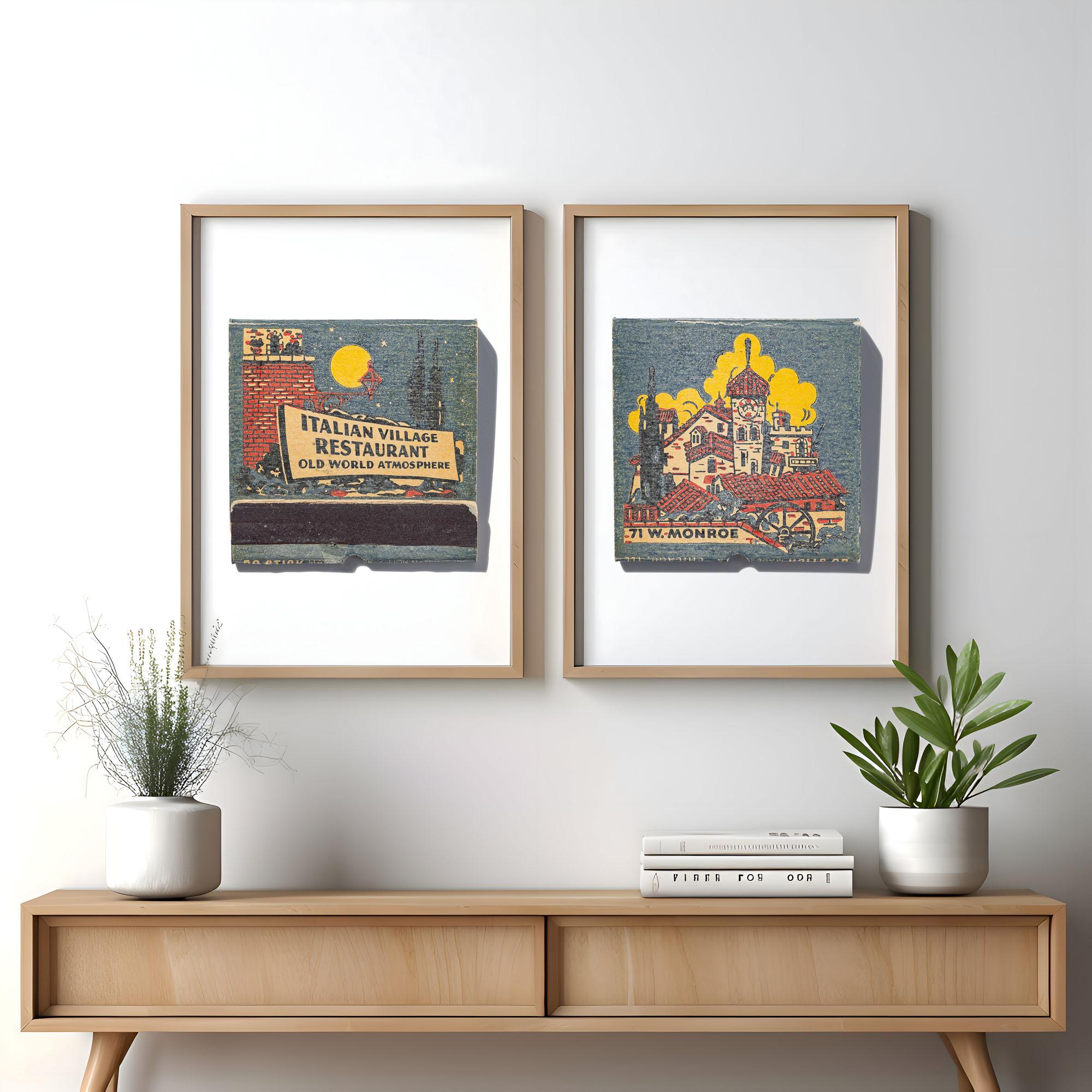 Chicago restaurant wall art: Italian Village Restaurant matchbook prints, framed
