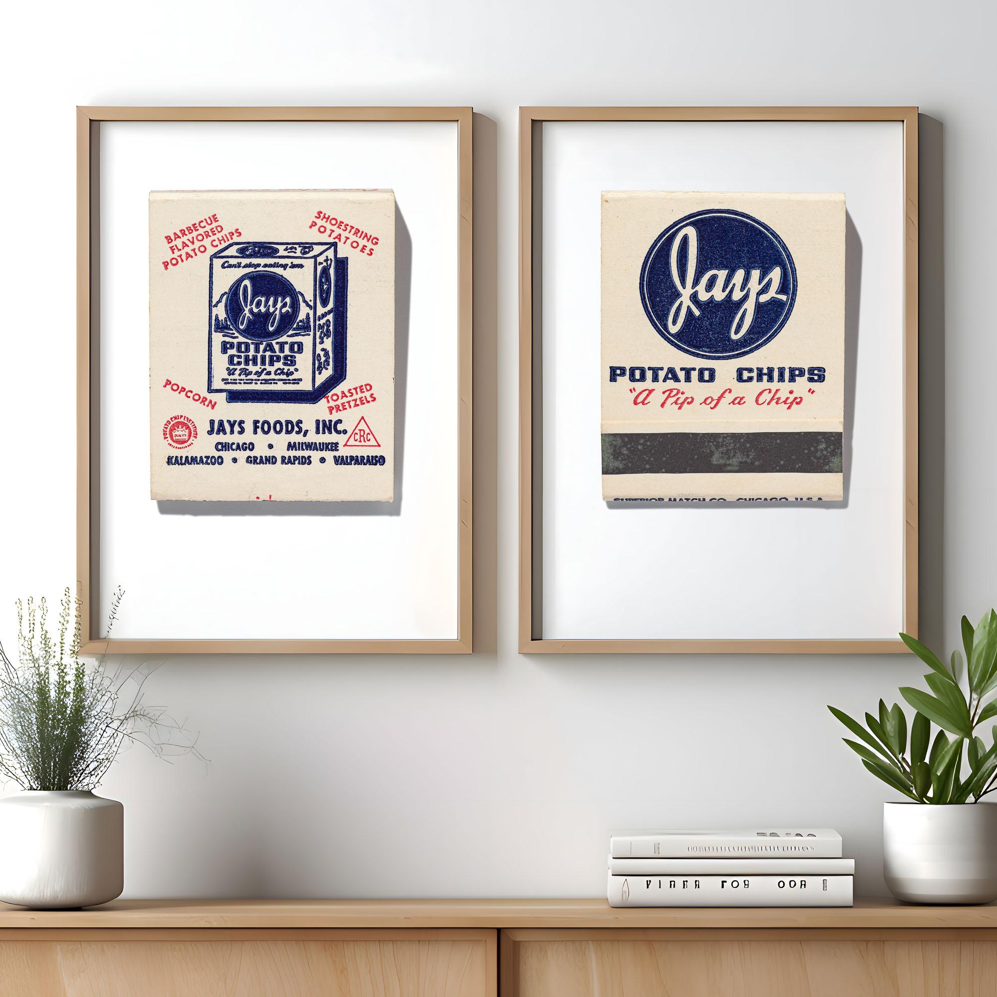 Vintage Chicago wall art set: framed Jays Potato Chips matchbook prints