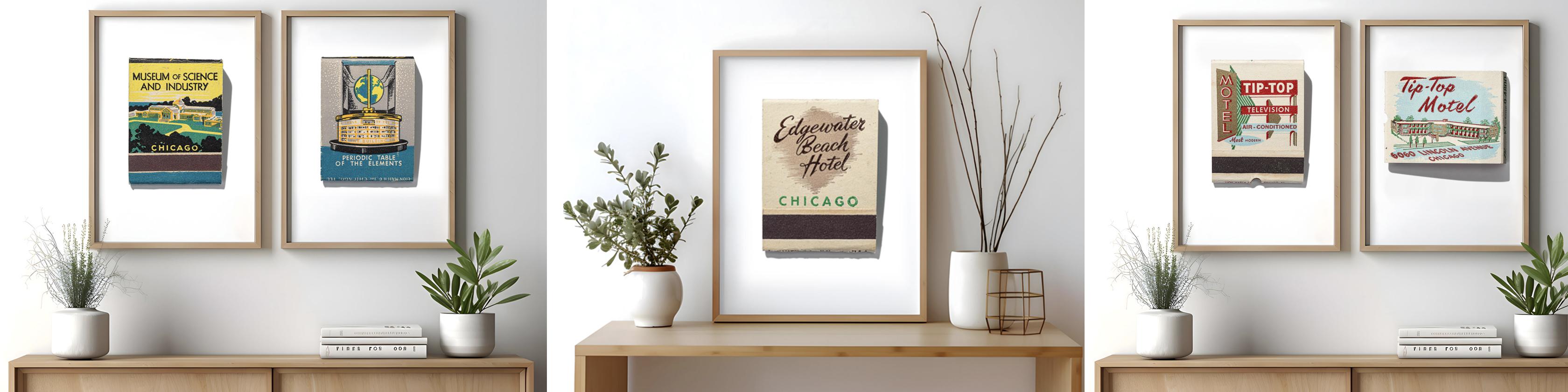 Vintage Chicago wall art: framed matchbook prints for Museum of Science and Industry, Edgewater Beach Hotel, and Tip-Top Motel, on a gallery wall
