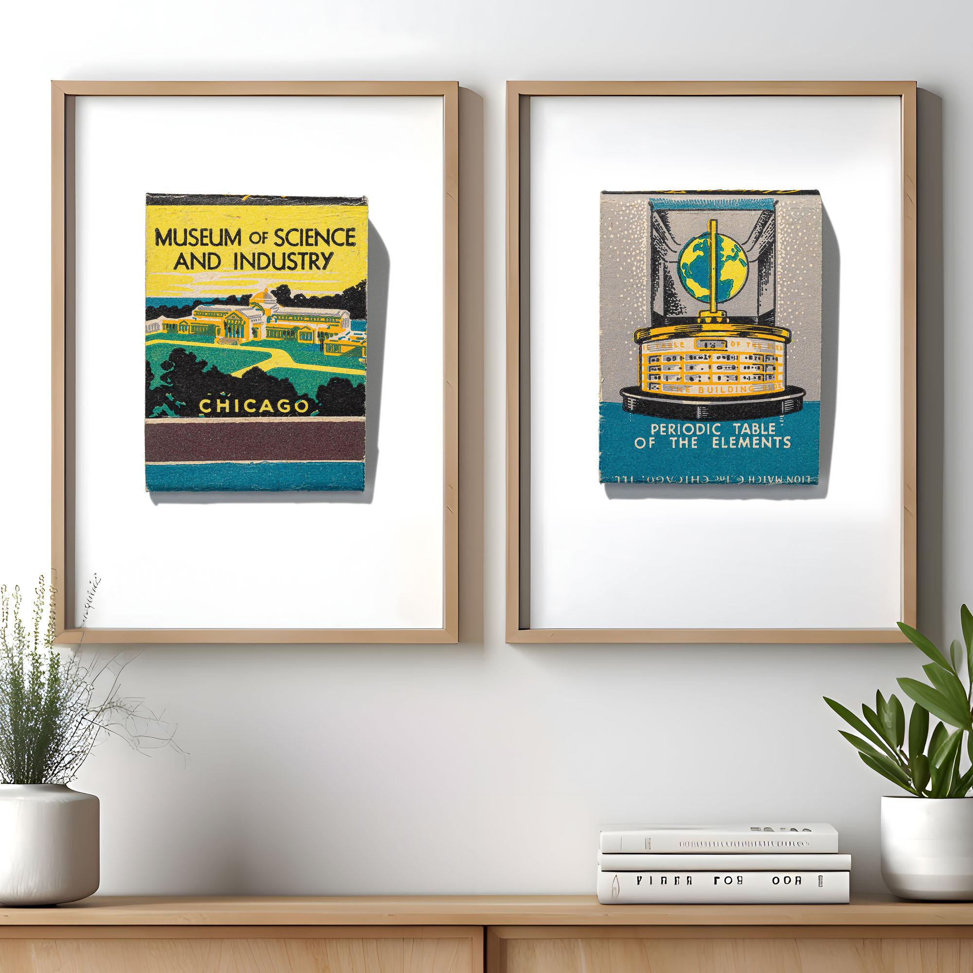 Chicago landmark wall art: Museum of Science and Industry and Periodic Table of the Elements matchbook prints, framed