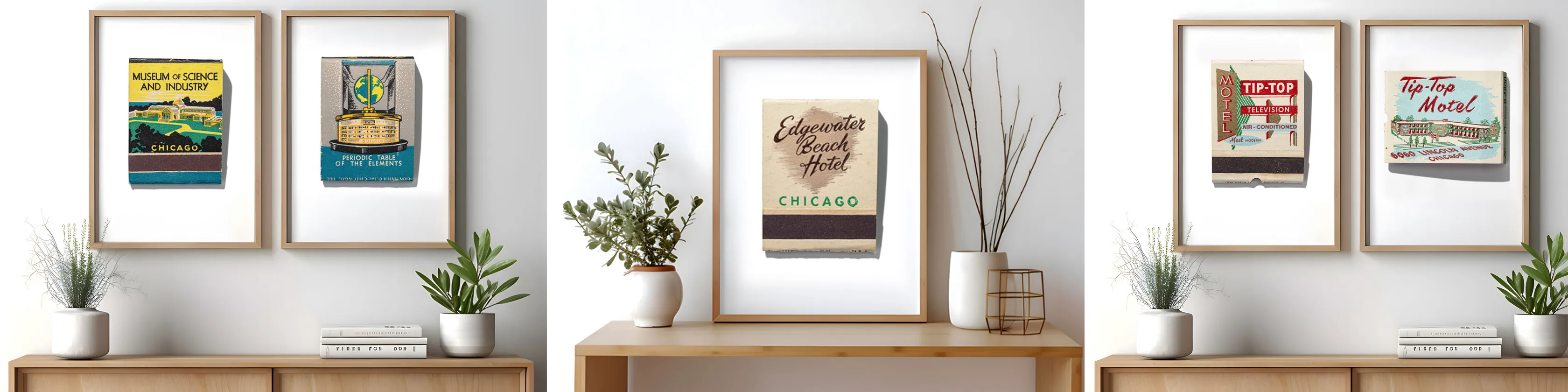 Vintage Chicago wall art: framed matchbook prints for Museum of Science and Industry, Edgewater Beach Hotel, and Tip-Top Motel, on a gallery wall