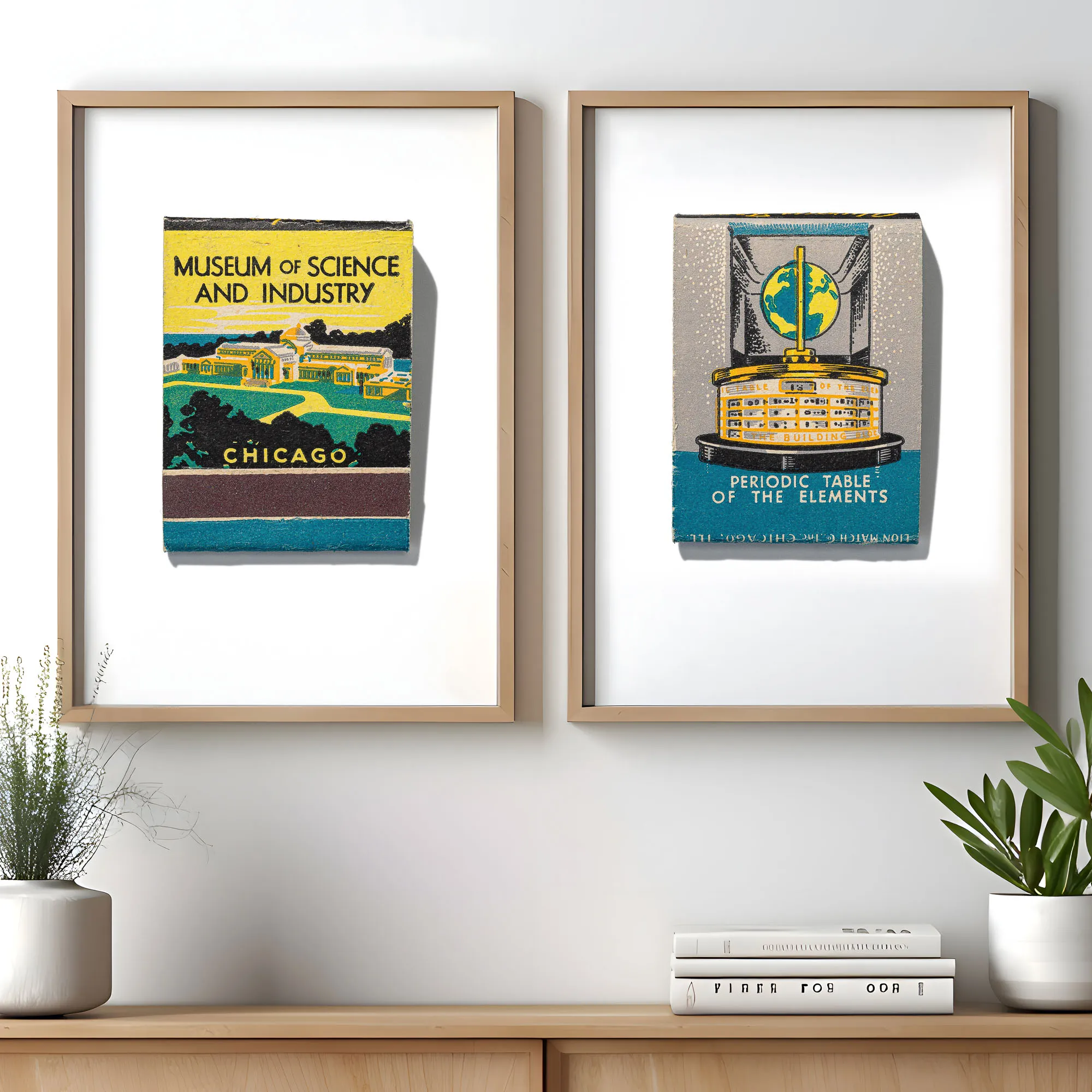 Chicago landmark wall art: Museum of Science and Industry and Periodic Table of the Elements matchbook prints, framed