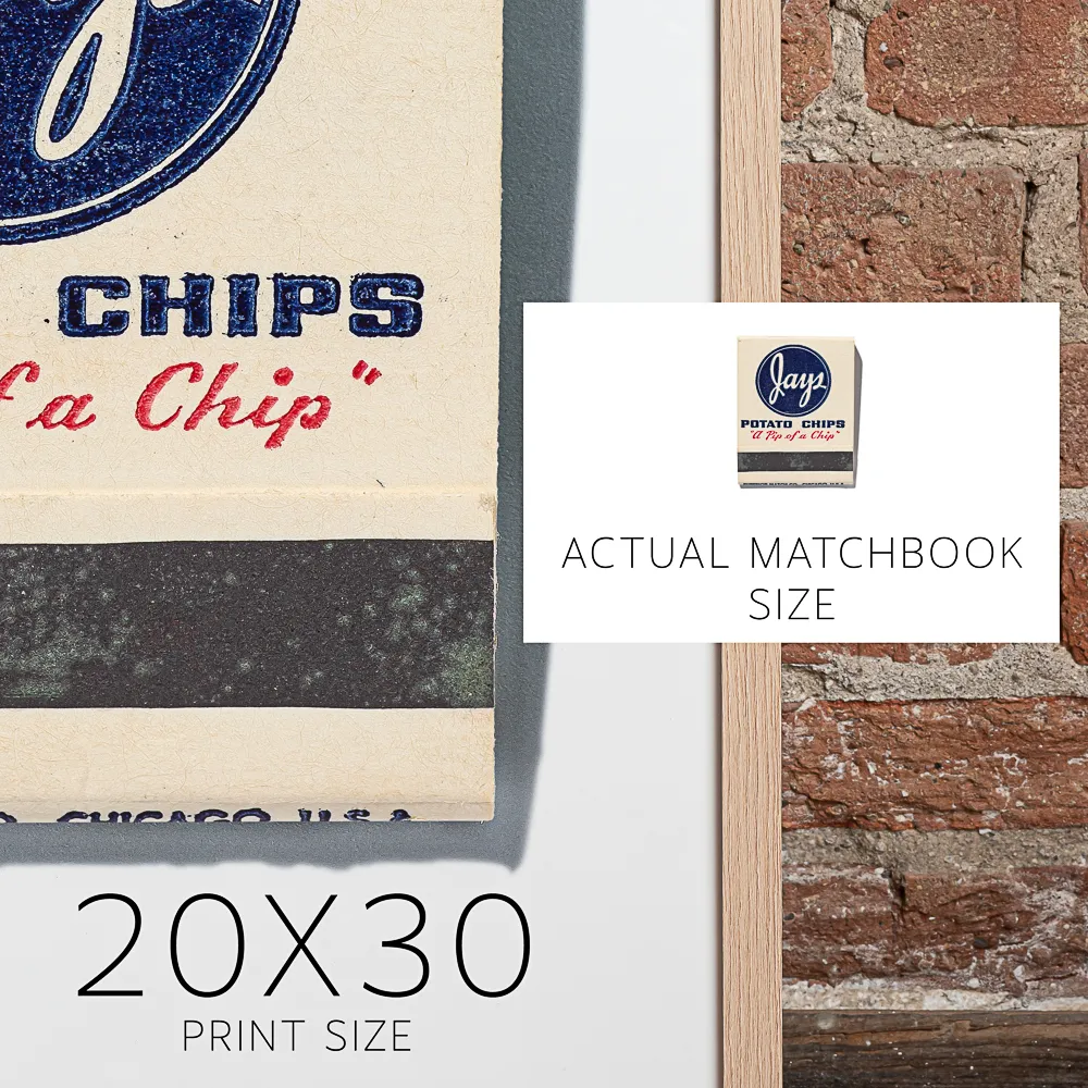 Jays Potato Chips matchbook next to a framed print, for scale