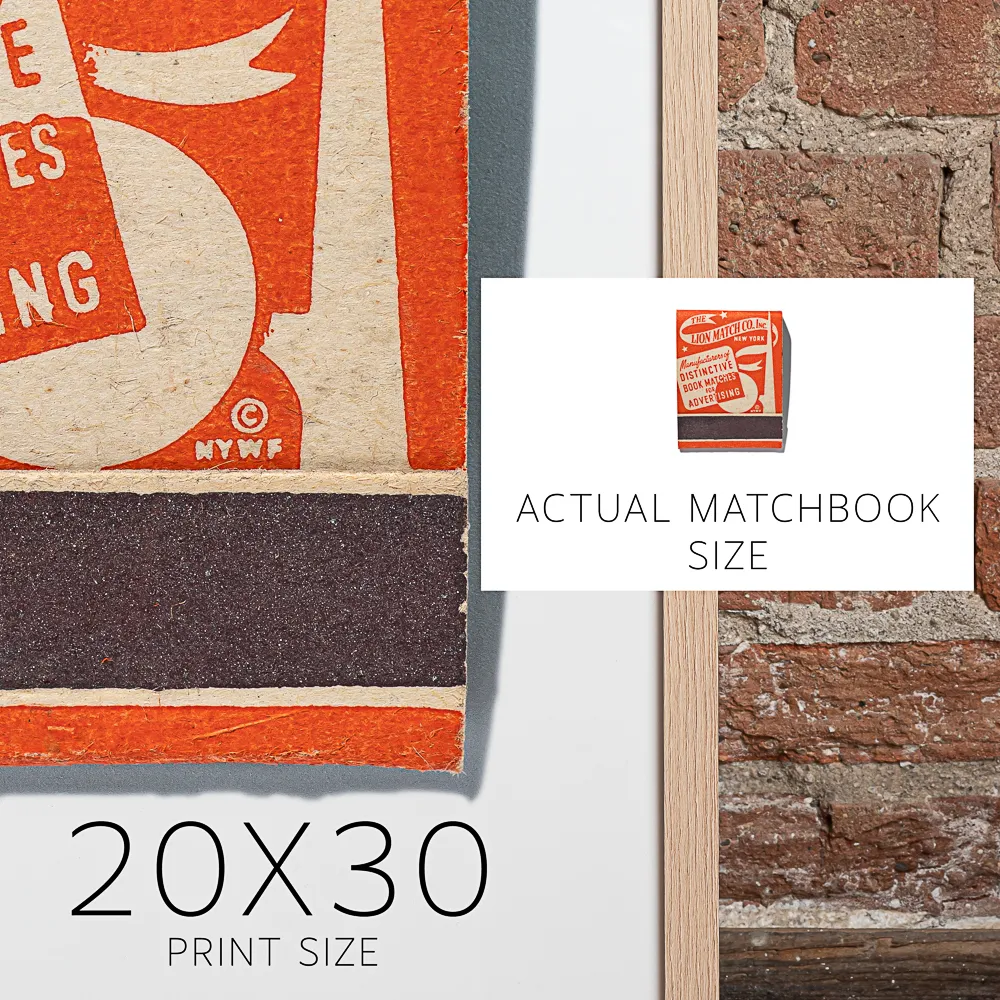 New York World's Fair (Orange) matchbook next to a framed print, for scale